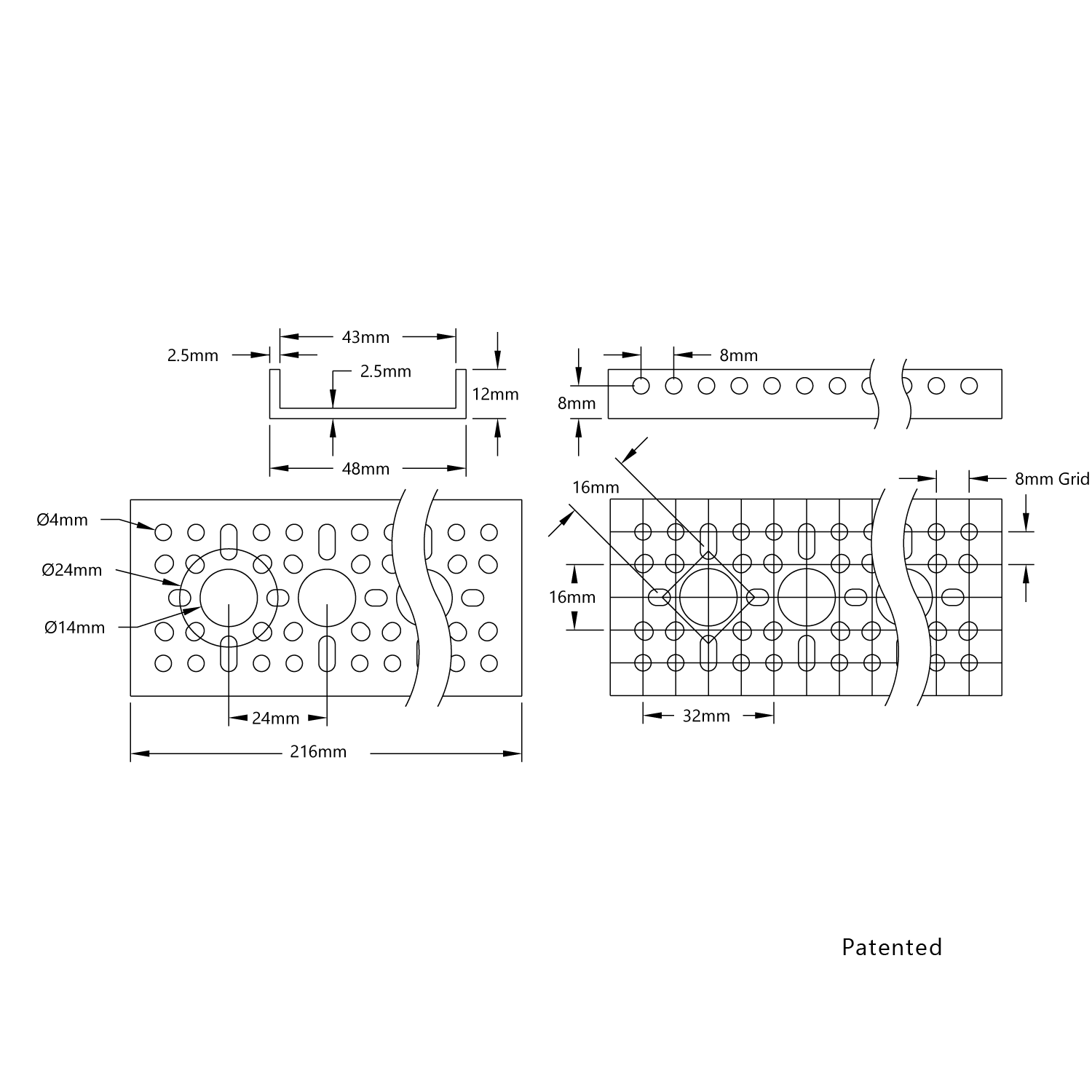 Perfil U Low-Side goBILDA, 8 furos, 216mm - Imagem 2