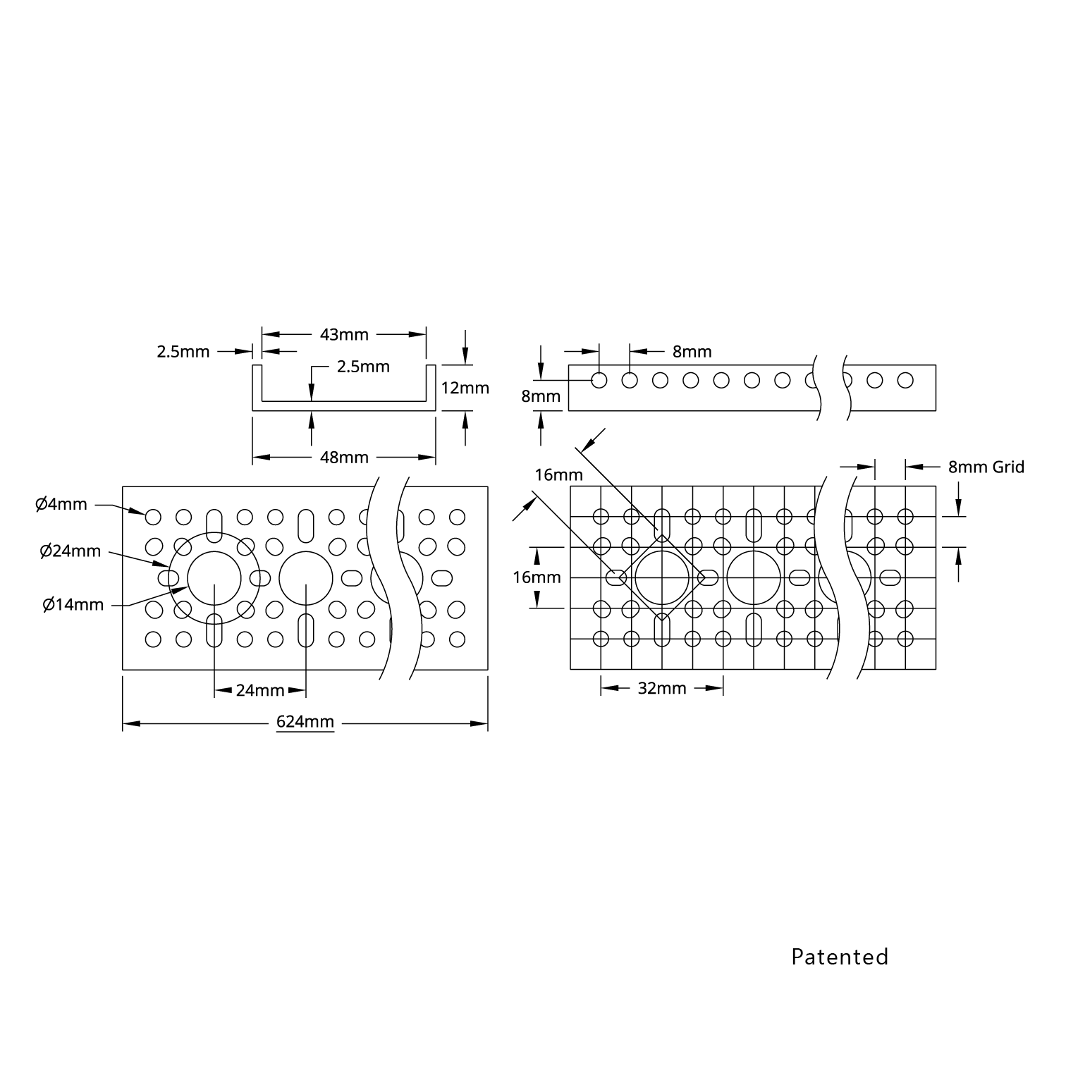 Perfil U Low-Side goBILDA, 25 furos, 624mm - Imagem 2